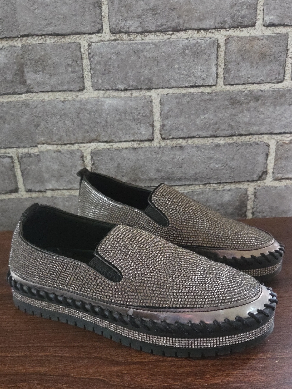 Embellished Slip-On Loafers in Metallic Silver